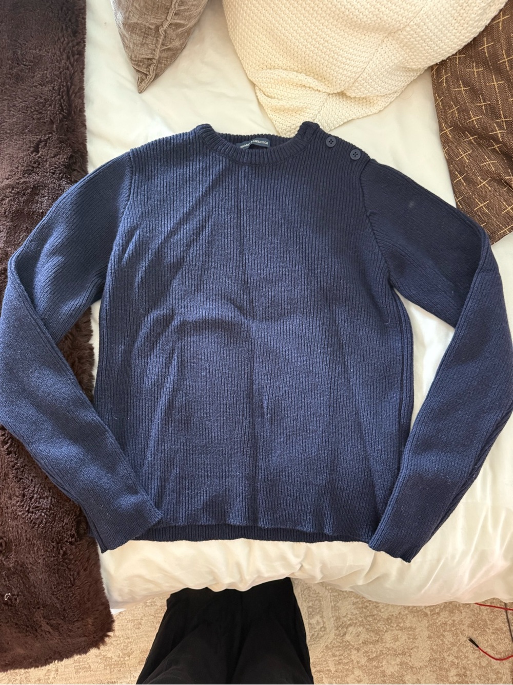 Brandy Navy Button-Shoulder Crewneck Sweater